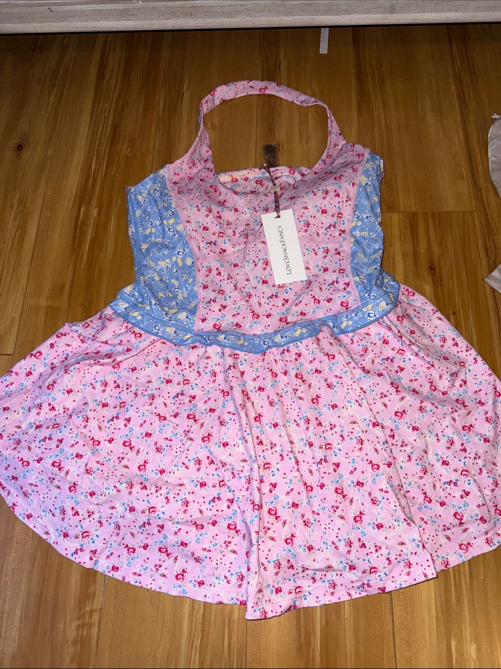 LoveShackFancy Pink and Blue Floral Halter Dress